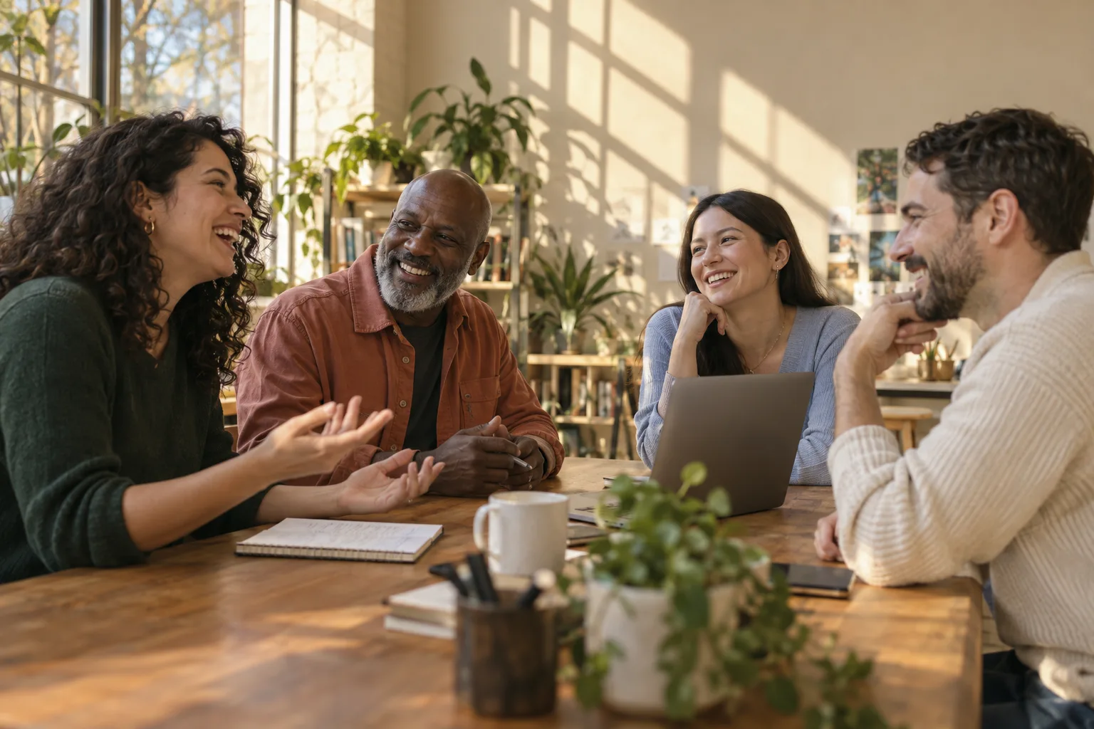 AI-generated illustration of adults sharing ideas in a community workspace